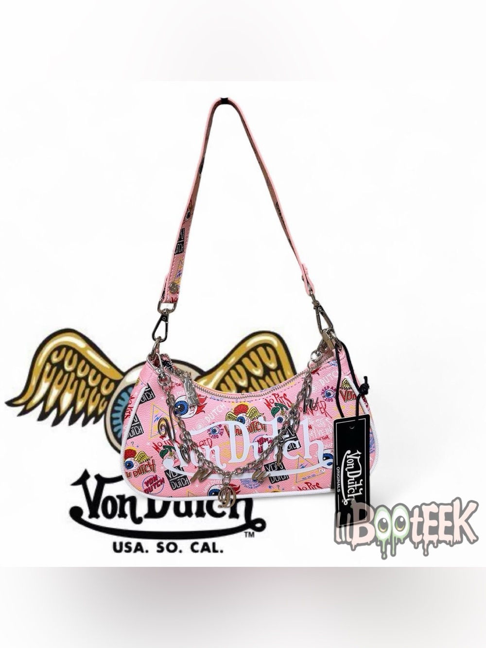Von Dutch Pink Multi Logo Eyeball Graphic Shoulder Bag w Chain Detail VIRAL Y2K
